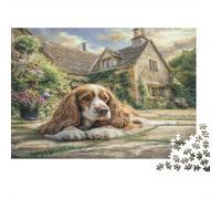 Perro Bonito Rompecabezas Premium de cartón de Cocker Spaniel Junto a casita Antigua en jardín, para Entrenamiento Cerebral de Personas Mayores 52x38cm/1000 Piezas