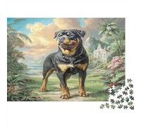 Perro Bonito Rompecabezas Premium de cartón de Rottweiler en Paisaje Tropical con Templo, Regalo desafiante para niños en Familia 52x38cm/1000 Piezas