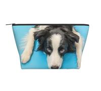 Perro Cachorro Gracioso Border Collie sobre Fondo Azul, Bolsa de artículos de tocador Bolsa de Maquillaje Bolsa de cosméticos Bolsa de artículos de tocador de Viaje portátil