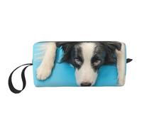 Perro Cachorro Gracioso Border Collie sobre Fondo Azul, Bolsa de Maquillaje Bolsa de cosméticos Bolsa de artículos de tocador de Viaje portátil Bolsa de Maquillaje