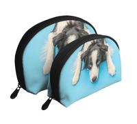 Perro Cachorro Gracioso Border Collie sobre Fondo Azul, Bolsa de Maquillaje de Concha, Monedero pequeño para Mujer, Bolsa de artículos de tocador, Bolsa de cosméticos, 2 Piezas
