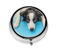 Perro Cachorro Gracioso Border Collie Sobre Fondo Azul, Pastillero, Pastillero redondo Pequeño contenedor de pastillas Organizador de pastillas de viaje