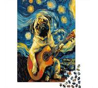Perro Carlino Toca Guitarra Puzzle de 1000 Piezas Papel para Adultos Noche Estrellada Estilo Artístico Juego de Puzzle 1000 Piezas Relajante Regalo Hogar 52x38cm/1000pcs