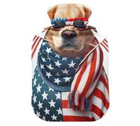 Perro con banderas americanas y lentes de sol, botellas de agua caliente con pies de cubierta suave y calentador de cama, bolsa de agua caliente para aliviar el dolor, 1 litro