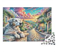 Perro de Agua Portugués Rompecabezas de Papel de Perro en el Muro del Pueblo al Atardecer, regalable y Apto para Toda la Familia 52x38cm/1000 Piezas