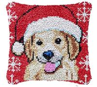 Perro de Navidad de Latch hook Kit Cojín Gancho de Pestillo Cachorro Golden Retriever Rojo Alfombra almohada niños principiante DIY bordado Conjunto hecho mano Sofá artesanal Decoración hogarb 43x43cm