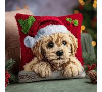 Perro de Navidad de Latch hook Kit Cojín Gancho de Pestillo Cachorro Golden Retriever Sombrero Rojo Alfombra almohada niños principiante DIY bordado Conjunto hecho mano Sofá artesanal Decoración hogar