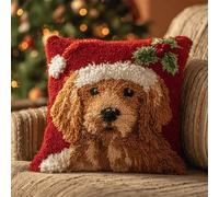 Perro de Navidad de Latch hook Kit Cojín Gancho de Pestillo Cachorro Golden Retriever Sombrero Rojo Alfombra almohada niños principiante DIY bordado Conjunto hecho mano Sofá artesanal Decoración hogar