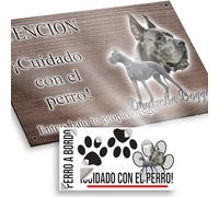 "Perro Dogo Alemán Cuidado con el Perro Placa 29x18cm - Diseño Madera Marrón Dibond con Pegatina Coche 20x5cm"