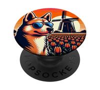 Perro en un Campo de Tulipanes Mirando Molinos de Viento holandeses PopSockets PopGrip Adhesivo