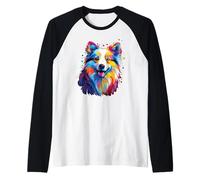 Perro Esquimal Americano Colorido Acuarela Camiseta Manga Raglan