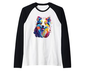 Perro Esquimal Americano Colorido Acuarela Camiseta Manga Raglan