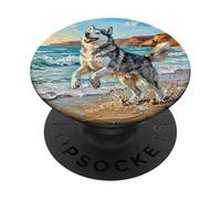 Perro Husky Jugando en una Playa de Verano Obra de Arte Costera PopSockets PopGrip Adhesivo