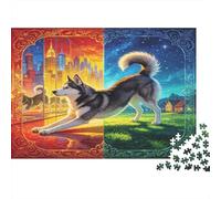 Perro Husky Puzzle de 1000 Piezas Papel para Adultos Escena Dividida Ciudad Campo Juego de Puzzle 1000 Piezas Decoración Hogar Regalo 52x38cm/1000pcs