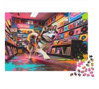 Perro Husky Puzzle para Adultos Puzzle de 1000 Piezas Papel Tienda de Discos Retro Colorida Arte Relajante Familiar Regalo Decoración Hogar Enfocar 70x50cm/1000pcs