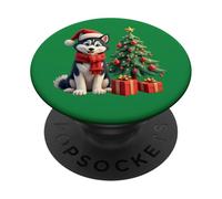 Perro Husky Siberiano, Navidad, Sombrero de Papá Noel PopSockets PopGrip Adhesivo