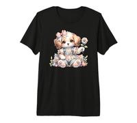 Perro Kawaii sosteniendo Flores Pastel Cottagecore Camiseta Premium