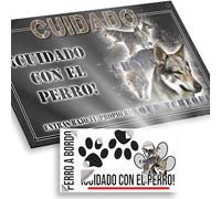 "Perro Lobo Cartel Cuidado con el Perro 20x12,5cm - Diseño Antracita en Dibond con Pegatina Coche 20x5cm - En Español"