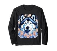 Perro Malamute de Alaska rodeado de nomás olvides Manga Larga