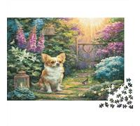 Perro Mascota Rompecabezas clásico de cartón de Chihuahua en jardín con Flores moradas, Entretenimiento Interactivo contra el aburrimiento 52x38cm/1000 Piezas