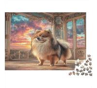 Perro Mascota Rompecabezas clásico de cartón de Pomeranian en balcón al Atardecer, Entretenimiento Interactivo contra el aburrimiento 52x38cm/1000 Piezas
