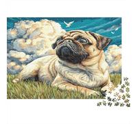 Perro Mascota Rompecabezas clásico de cartón de Pug acostado en la Hierba con Fondo de Nubes, Regalo de Rompecabezas Relajante para Adultos 52x38cm/1000 Piezas