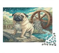 Perro Mascota Rompecabezas clásico de cartón de Pug de pie Junto a Molino de Agua Antiguo y Arroyo, Entretenimiento Interactivo contra el aburrimiento 38x26cm/1000 Piezas