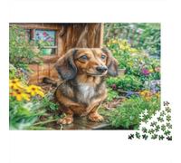 Perro Mascota Rompecabezas clásico de cartón de Teckel en jardín con Flores Amarillas, Regalo Coleccionable de Amigo Invisible 52x38cm/1000 Piezas