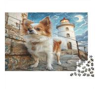 Perro Mascota Rompecabezas de Papel de Chihuahua en escalones de Piedra Junto al Faro, Regalo Coleccionable para Combatir el aburrimiento 38x26cm/1000 Piezas