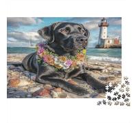 Perro Mascota Rompecabezas de Papel de Labradora Negra con Guirnalda de Flores en la Playa, Set de Regalo de cumpleaños para Entrenamiento Cerebral 52x38cm/1000 Piezas