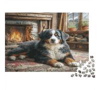 Perro Mascota Rompecabezas de Papel de Perro montañés de Berna Junto a Chimenea en Interior, Set de Regalo de calcetín Divertido para la Familia 38x26cm/1000 Piezas