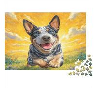 Perro Mascota Rompecabezas de Papel Grueso de Blue Heeler Saltando en la Hierba bajo Cielo Dorado, para Personas Mayores, Relajante Regalo de Amigo Invisible 70x50cm/1000 Piezas