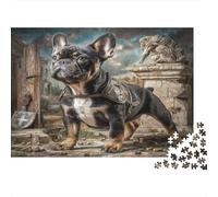 Perro Mascota Rompecabezas de Papel Grueso de Bulldog Francés con Armadura Junto a ruinas de Piedra, para Personas Mayores, Relajante Regalo de Amigo Invisible 70x50cm/1000 Piezas