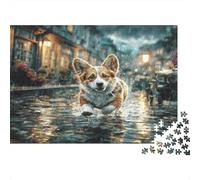 Perro Mascota Rompecabezas de Papel Grueso de Corgi Corriendo en Calle mojada del Pueblo por la Noche, Pack de Rompecabezas, Regalo contra el aburrimiento 70x50cm/1000 Piezas