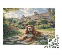 Perro Mascota Rompecabezas de Papel Resistente de Cocker Spaniel en Camino de Piedra Junto a cabaña, Regalo de cumpleaños para aliviar el estrés 38x26cm/1000 Piezas