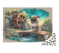 Perro Mascota Rompecabezas de Papel Resistente de Pug en Puente de Piedra Junto a Molino de Agua por la Noche, Alivio del estrés, decoración del hogar 52x38cm/1000 Piezas