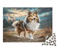 Perro Mascota Rompecabezas DIY de Papel Premium de Collie de pie Cerca de muros de Castillo, Regalo de calcetín Estimulante Mental 52x38cm/1000 Piezas