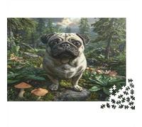 Perro Mascota Rompecabezas DIY de Papel Premium de Pug en Bosque mágico de Setas, Alivio del estrés Educativo 70x50cm/1000 Piezas