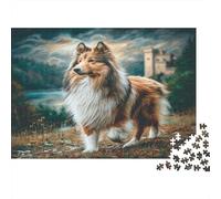 Perro Mascota Rompecabezas Premium de cartón de Collie Junto a Castillo de Piedra en Bosque brumoso, Juego Familiar regalable 52x38cm/1000 Piezas