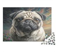 Perro Mascota Rompecabezas Premium de cartón de Primer Plano de Pug con Flores, Divertido 52x38cm/1000 Piezas