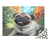 Perro Mascota Rompecabezas Premium de cartón de Pug en jardín con Puerta Abierta, Entretenimiento contra el aburrimiento, decoración del hogar 38x26cm/1000 Piezas