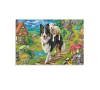 Perro pastor Cuadro De Pared Pasarela de madera en una granja Decoración Moderna Lienzo Impermeable Fácil De Instalar Resistente A La Humedad Baño Oficina Diseño Exclusivo 16x24inch(40x60cm)