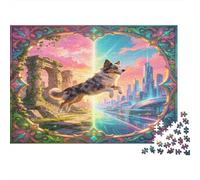 Perro Pastor Saltando Puzzle de 1000 Piezas Papel para Adultos Ruinas fantásticas y Ciudad futurista Juego de Puzzle 1000 Piezas Relajante Familia Decoración Regalo 70x50cm/1000pcs