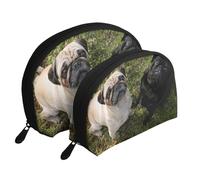 Perro Pug Blanco Y Negro, Bolsa de Maquillaje de Concha, Monedero pequeño para Mujer, Bolsa de artículos de tocador, Bolsa de cosméticos, 2 Piezas