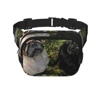 Perro Pug Blanco y Negro,Riñonera Cuadrada de Doble Capa, Bolso de Viaje, Bolso Informal para el Pecho.