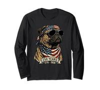 Perro Pug con Bandera Estadounidense 250 años 1776-2026 Bicentenario de EE. UU. Manga Larga