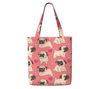 Perro Pug con forma de corazón para el Día de San Valentín,Bolsas de supermercado reutilizables, bolsas de compras, bolsas de lona de gran capacidad, bolso de hombro