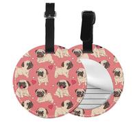 Perro Pug con forma de corazón para el Día de San Valentín,Etiquetas de equipaje de cuero sintético con nombre, etiquetas de viaje duraderas, 2 unidades