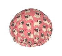 Perro Pug con forma de corazón para el Día de San Valentín,Gorro de ducha, gorro de noche, gorro de baño elástico impermeable de doble capa, reutilizable para el cabello.