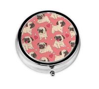 Perro Pug Corazón de San Valentín, Pastillero, Pastillero redondo Pequeño contenedor de pastillas Organizador de pastillas de viaje
